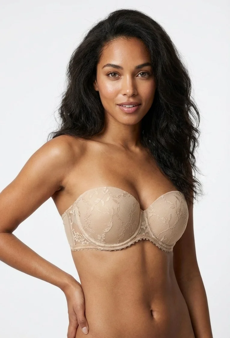 LunaIntim Cappuccino Rengi Dantel Kaplı Straplez Tenle Bütünleşen Nude Sütyen - Ön Görünüm